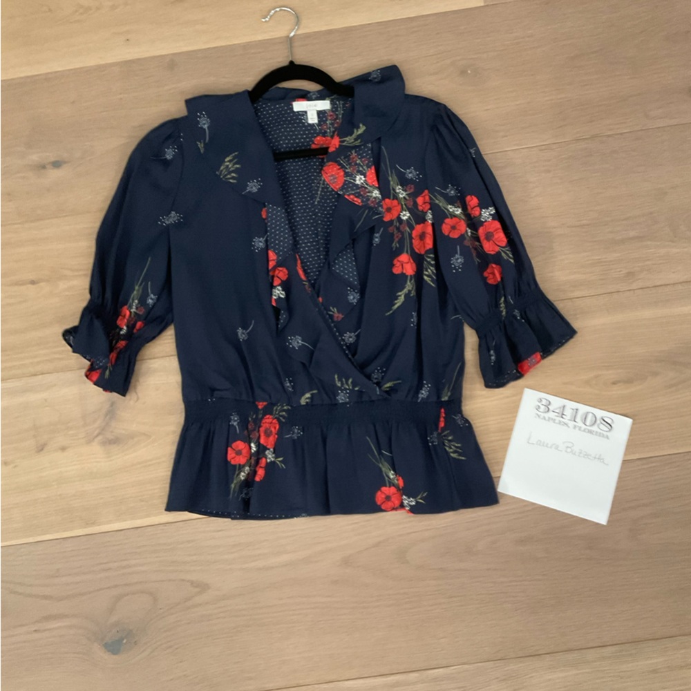 Joie Blue Blouse with 3/4 Sleeve and Mandarin Collar